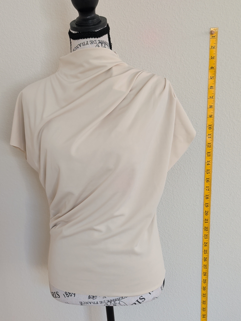 Line & Dot Soft Cream Draped Mock Neck Short-Sleeve Top